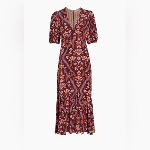 Rhode Ester V-Neck Puff-Sleeve Maxi Dress in plumeria chocolate size 2.